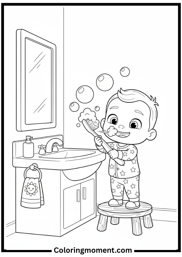 JJ Brushing His Teeth Coloring Page