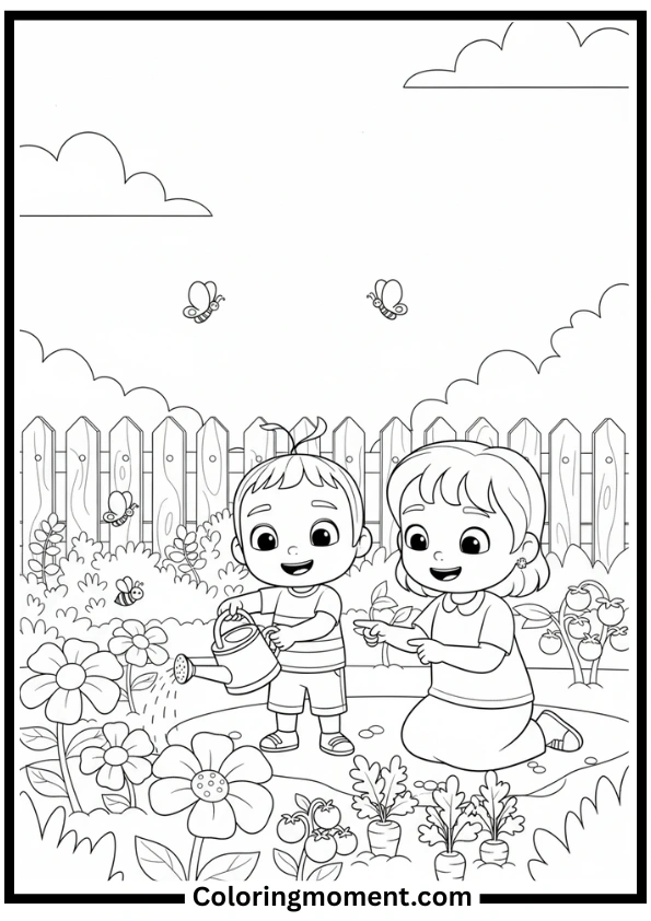 JJ Helping Mom in the Garden Coloring Page