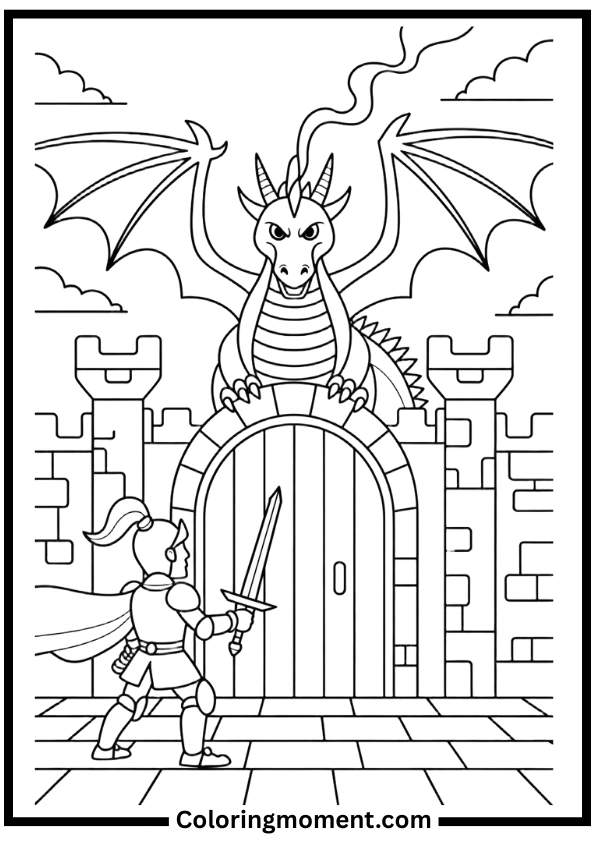 Knight vs. Dragon Castle Battle Coloring Pages