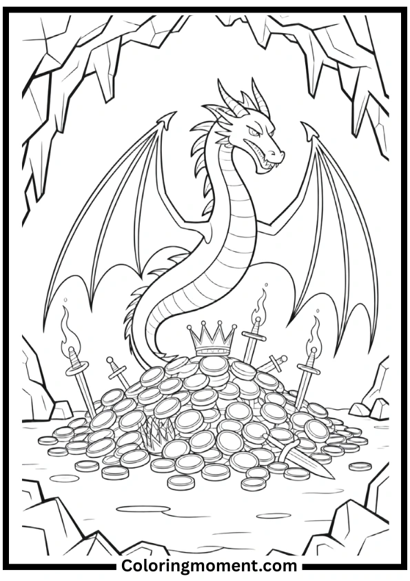 Medieval Dragon Cave Treasure Coloring Pages