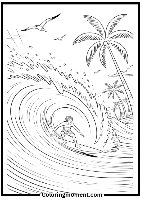 Ocean Wave Surfing Coloring Pages