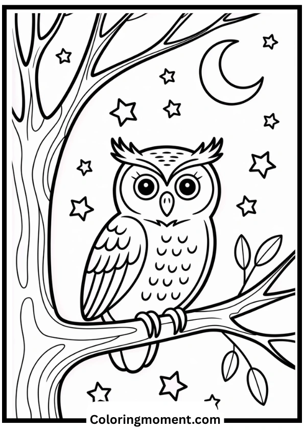 Owl on a Tree Branch at Night Coloring Page