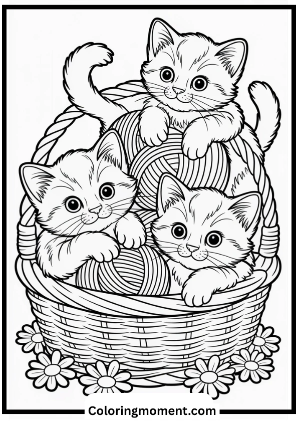 Playful Kittens in a Basket Coloring Page