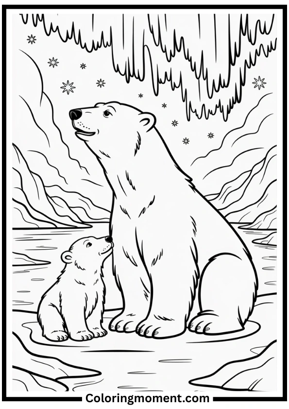 Polar Bears and Northern Lights Coloring Page