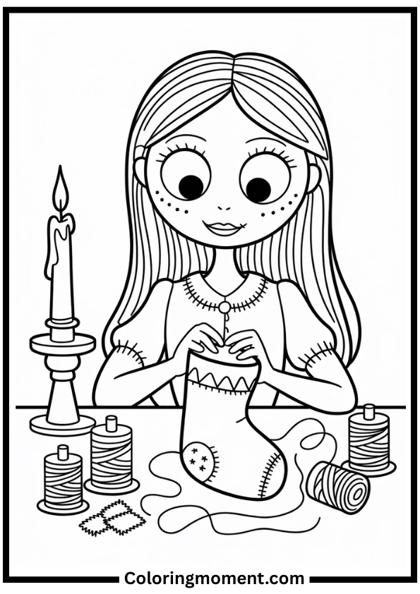 Sally Sewing a Christmas Gift Coloring Page