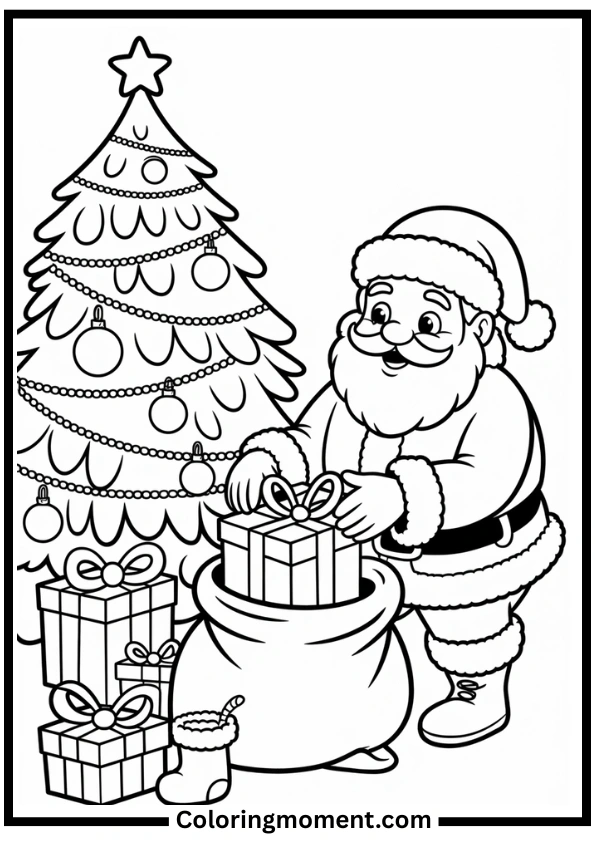 Santa by Christmas Tree Coloring Page