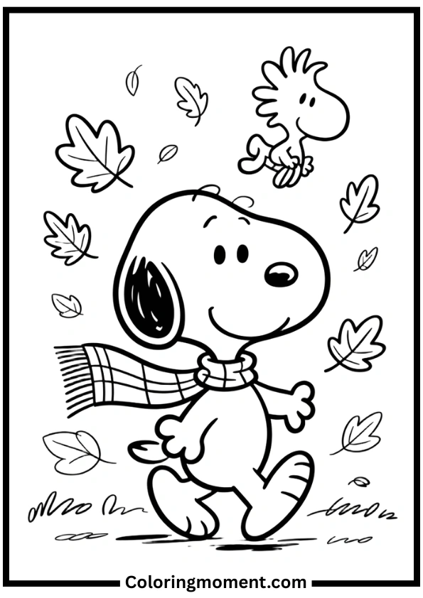 Snoopy Autumn Walk Coloring Pages