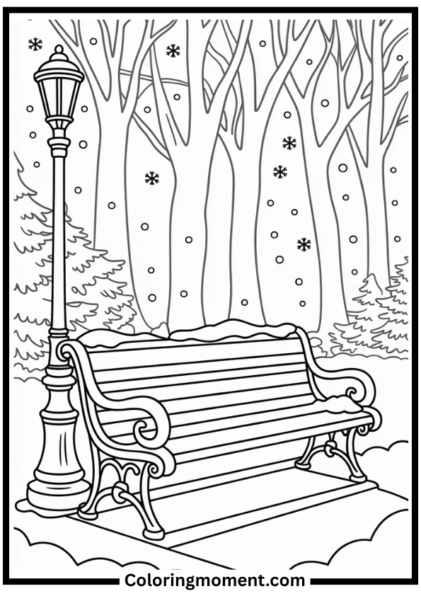 Snow-Covered Park Bench Coloring Page