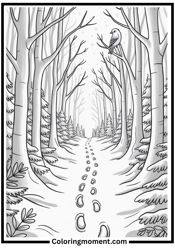 Snowy Forest Path Coloring Page