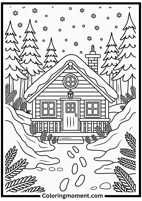 Snowy Mountain Cabin Coloring Page