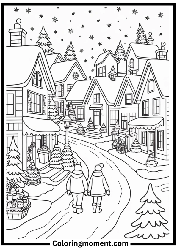 Snowy Village Street Coloring Page