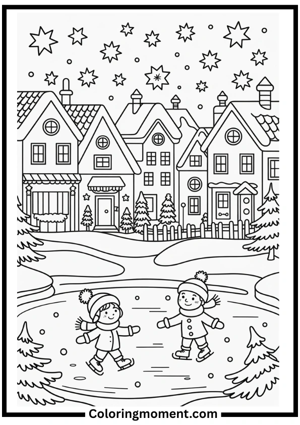Snowy Village in December Coloring Pages
