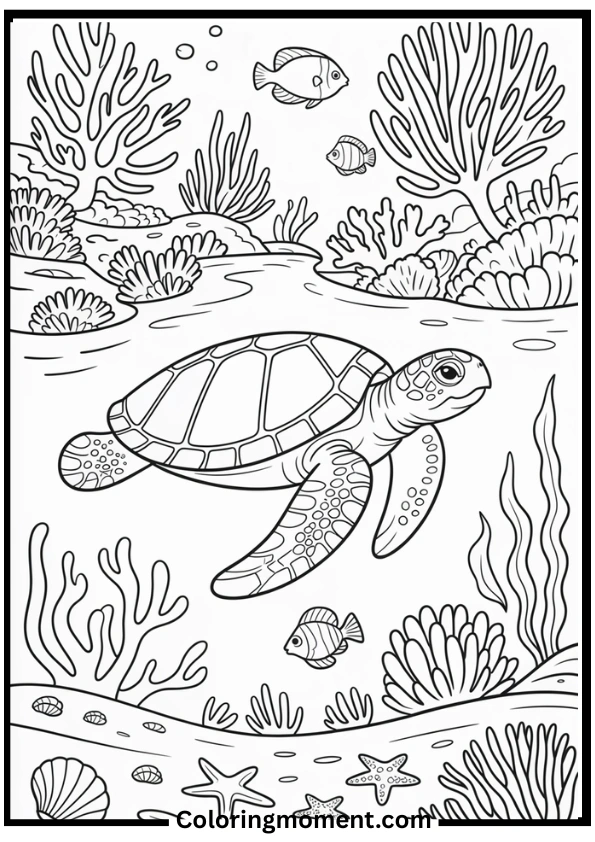Turtle Swimming in Coral Reef Coloring Page