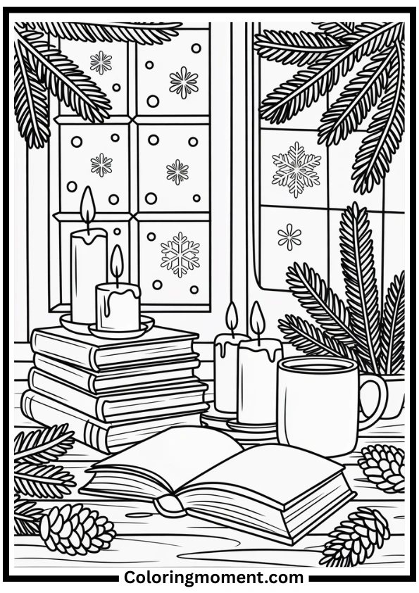 Winter Books and Candles Coloring Page
