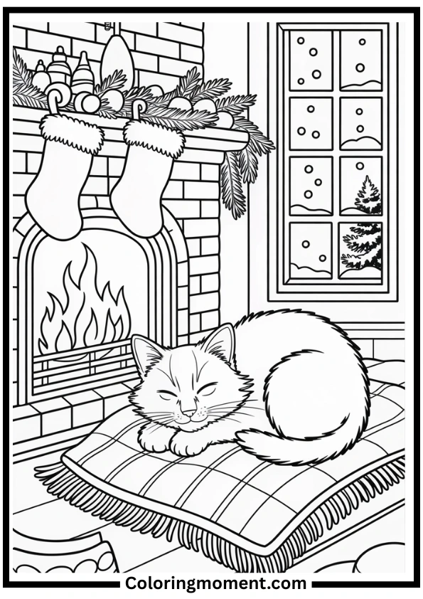 Winter Cat by the Fireplace Coloring Page