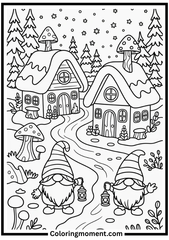 Winter Gnome Village Coloring Page