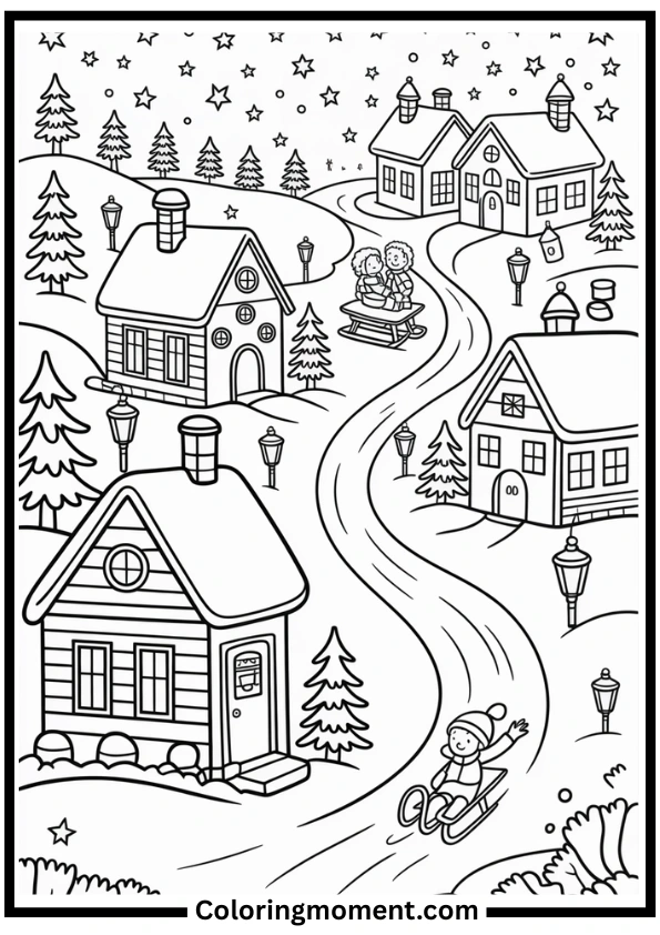 Winter Night Village Coloring Page