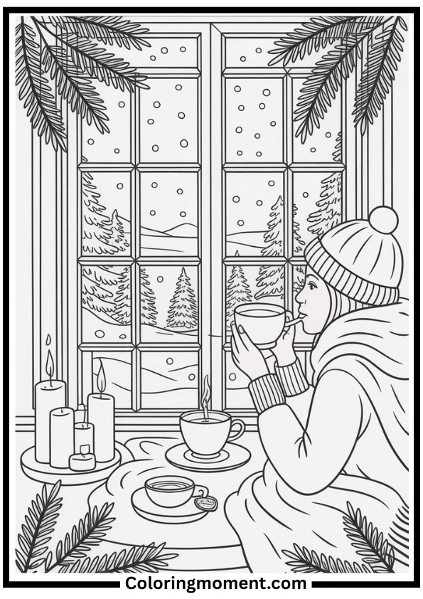 Winter Tea Time by the Window Coloring Page