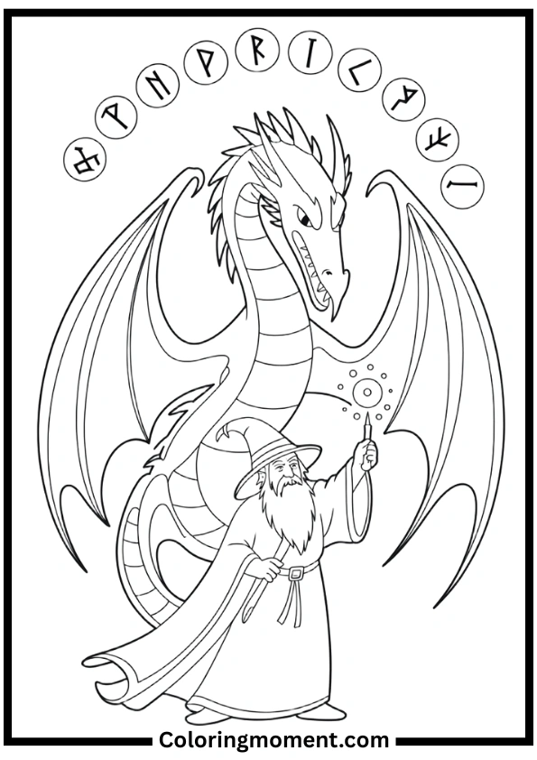 Wizard and Dragon Magic Coloring Pages